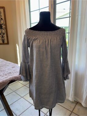 Off-Shoulder Bell Sleeve Women's Pinstripe Cotton Dress